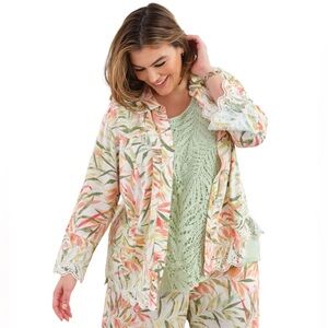 Ruby Rd Plus 2X Tropical Fern Lace Embroidered Button Front Linen Shirt Jacket